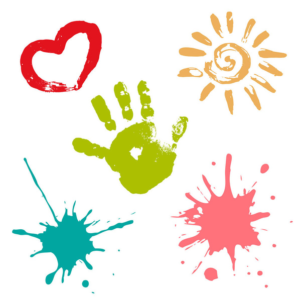 Um jogo da impressão de uma palma de bebê, manchas e desenhos de dedo de um coração e o sol
. - Vetor, Imagem