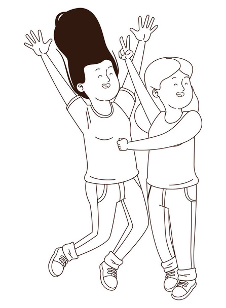 Adolescentes amigos sonriendo y divertirse dibujos animados en blanco y negro
 - Vector, Imagen