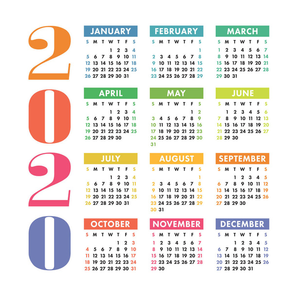Calendar 2020 year. Vector design template. Colorful English squ - Vektori, kuva