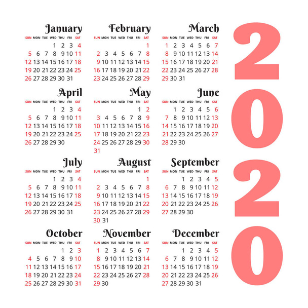 Calendar 2020 year. Vector design template. Color English square - Вектор, зображення