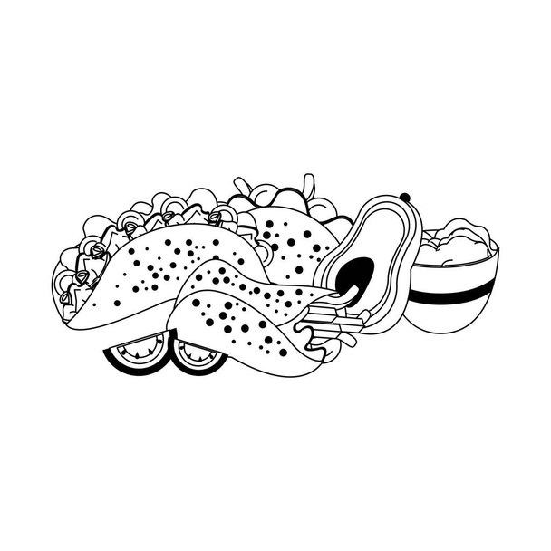 cultura mexicana y alimentos dibujos animados en blanco y negro
 - Vector, Imagen
