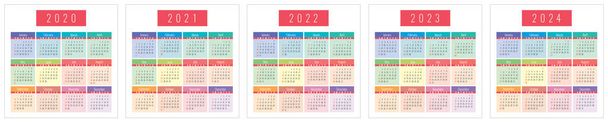 Ημερολόγιο 2020, 2021, 2022, 2023 και 2024 έτη. Πολύχρωμο διανυσματικό σύνολο. Η εβδομάδα αρχίζει την Κυριακή. Πρότυπο σχεδιασμού ημερολογίου. Αγγλική συλλογή - Διάνυσμα, εικόνα