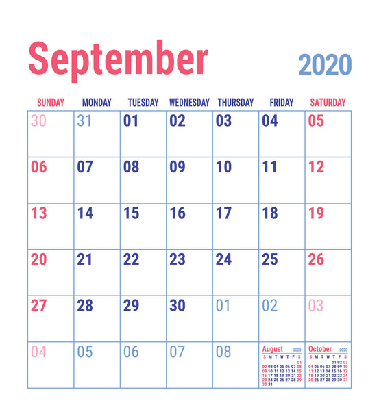 Calendar September 2020. English calender template. Vector grid. Office business planning. Simple design - Vector, Image
