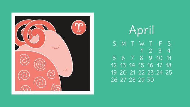 April 2020. Calendar. Zodiac sign: aries. Vector horoscope. Astrological calender. Color design - Διάνυσμα, εικόνα