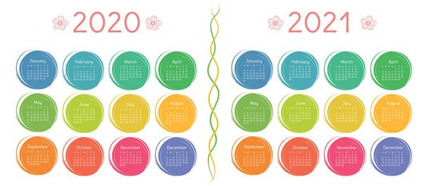 2020, 2021 Kalendersatz. farbenfroher Sketch-Doodle-Stil. Farbe runde handgezeichnete Rahmen - Vektor, Bild