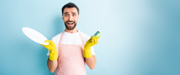 panoramic shot of surprised man in dotted apron holding plate and sponge on blue  - Photo, Image