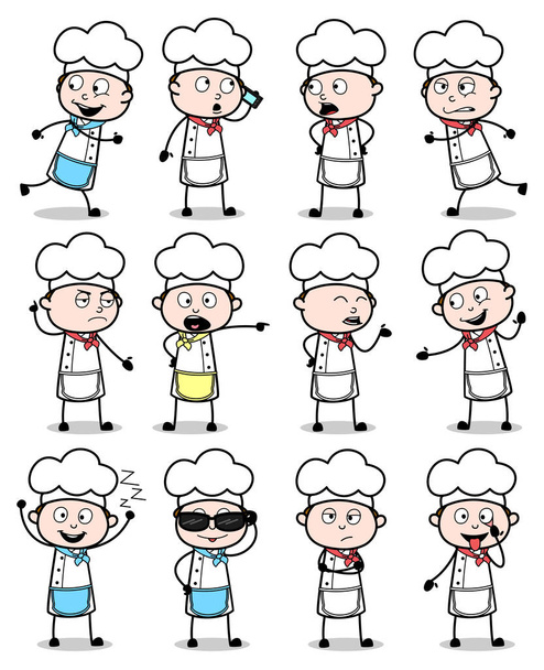 Different Cartoon Chef Poses - Set of Concepts Vector illustrati - Vetor, Imagem
