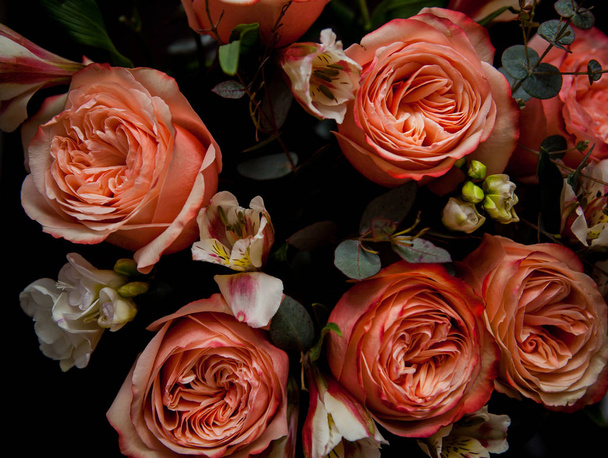 dark luxurious bouquet of gorgeous pink roses for Valentine's day on a dark wood background - Foto, immagini