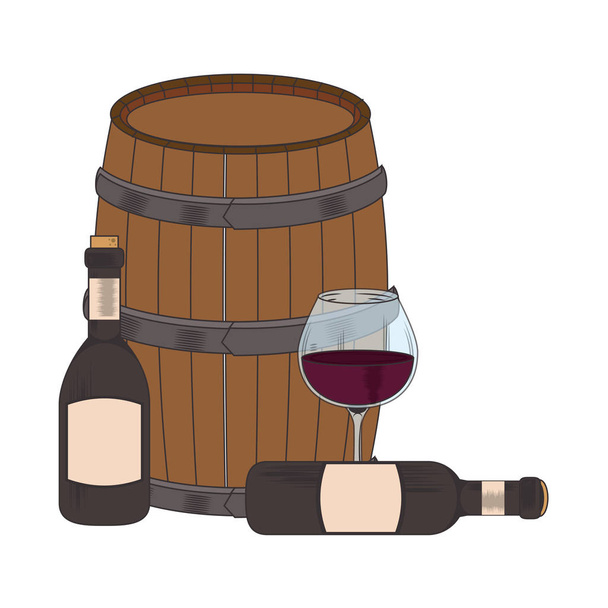ワインボトルと木樽のデザイン - ベクター画像