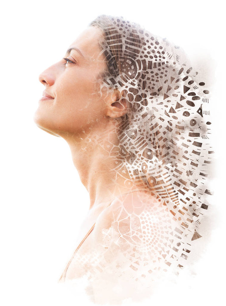 Double exposure. Paintography. Close up portrait of an attractiv - Photo, Image