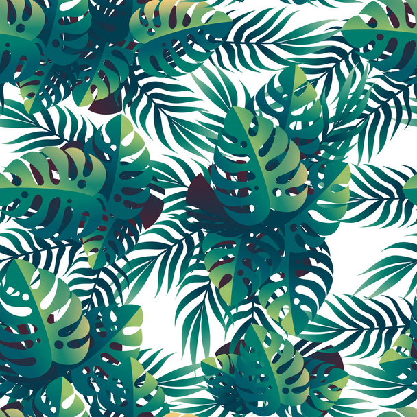 Płynny wzór tropikalnych zielonych liści o różnym kształcie płaski wektor ilustracja na białym tle - Wektor, obraz
