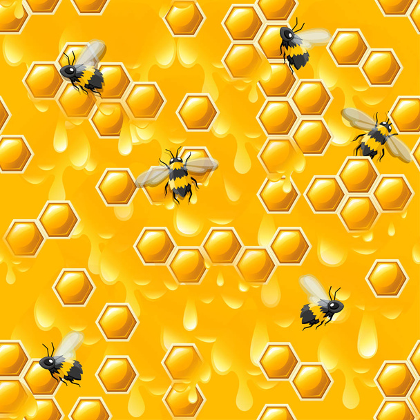 Naadloos patroon met honingraat honing druppels en bij vlakke vector illustratie in gele achtergrond - Vector, afbeelding