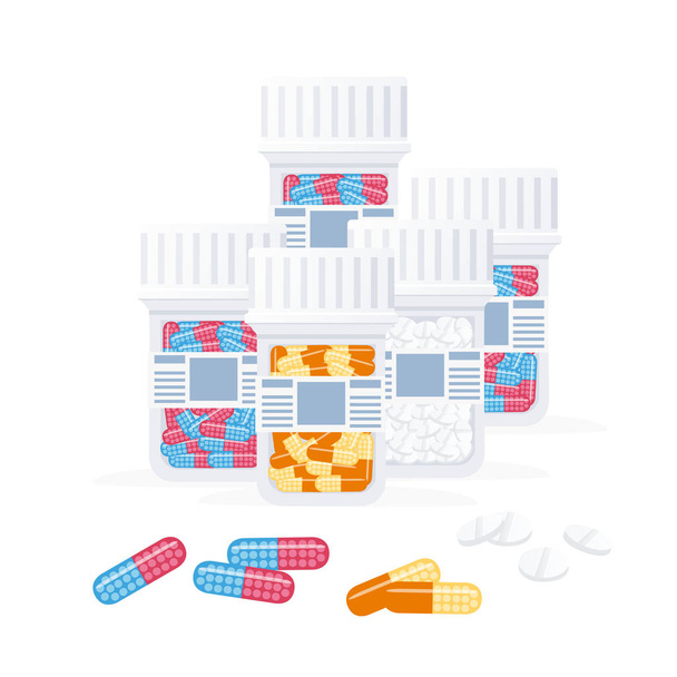 Átlátszó üveg tabletták műanyag palack színes tabletták lapos vektor illusztráció elszigetelt fehér háttér - Vektor, kép
