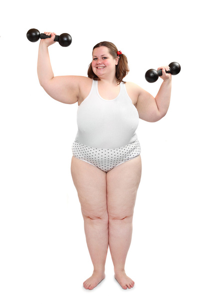 Happy overweight woman exercising on white background. - Photo, Image