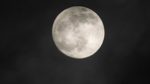 Volle maan op donkere bewolkte nacht. Wolken passeren de maan, real time schot. - Video