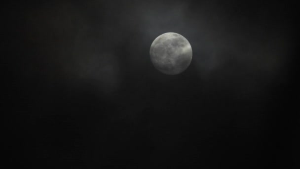 Telihold sötét felhős éjszakán. Felhők haladnak el a hold mellett, valós idejű lövés.Felhők haladnak el a hold mellett éjszaka. Telihold éjjel, felhőkkel valós időben.. - Felvétel, videó