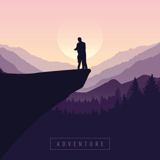 coppia su una scogliera avventura nella natura con vista sulle montagne viola
 - Vettoriali, immagini