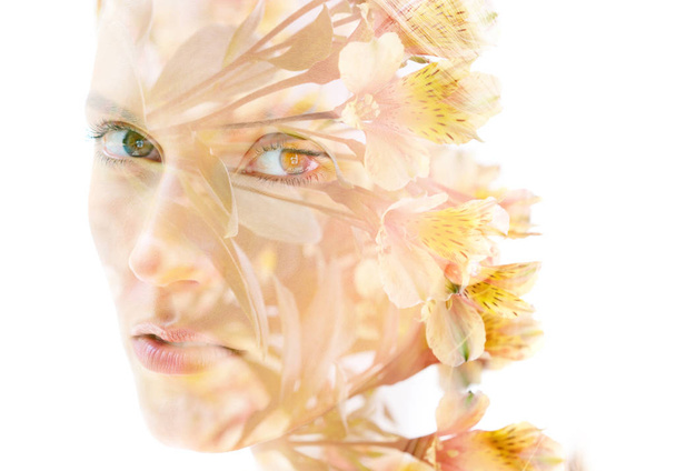 Double exposure close up portrait of a young pretty woman lookin - 写真・画像