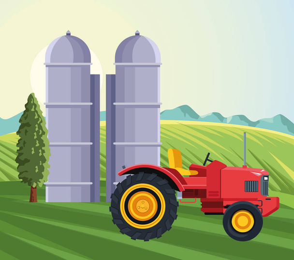 farming silo storage tractor tree mountains filed landscape - Vector, Image