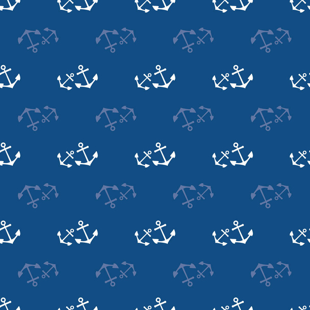 Hand drawn white vector sets of anchors with alternating transparent rows. Seamless geometric pattern on navy blue background. Great for watersport, nautical, vacation products, packaging , stationery - Vector, Image