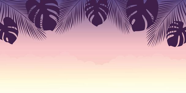 όμορφο μοβ ηλιοβασίλεμα καλοκαιρινό σχέδιο διακοπών με φύλλα φοίνικα - Διάνυσμα, εικόνα