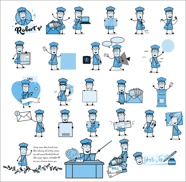 Винтажный почтальон с множеством сосудов - набор иллюзионистов комического вектора
 - Вектор,изображение