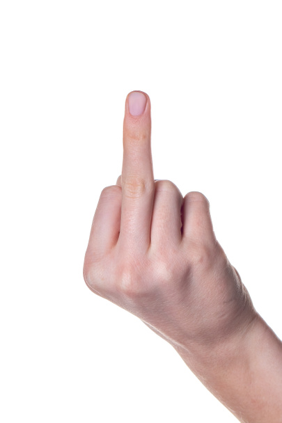 Mano de mujer mostrando el dedo medio sobre fondo blanco
 - Foto, Imagen