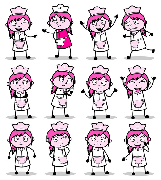 Poses of Various Cartoon Waitress - Set of Concepts Vector illus - Vektör, Görsel