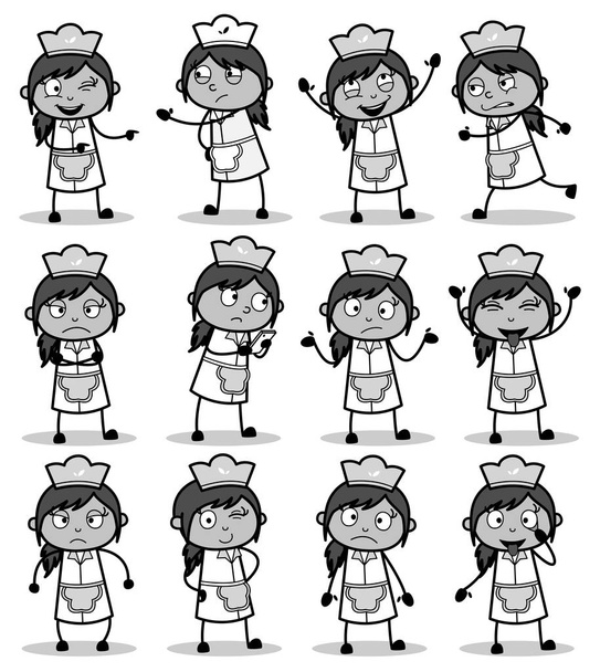 Retro Poses of Female Cartoon Waitress - Set of Concepts Vector  - Vector, Image