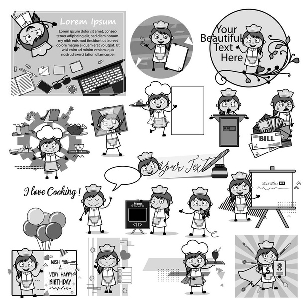 Különböző fogalmak Comic fekete-fehér pincérnő - Set of Conc - Vektor, kép
