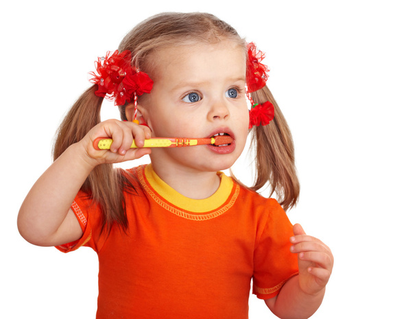 Child girl clean brush teeth. - Foto, Bild
