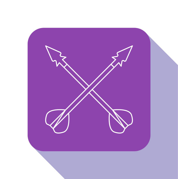 Ligne blanche Icône des flèches médiévales croisées isolées sur fond blanc. Une arme médiévale. Bouton carré violet. Illustration vectorielle
 - Vecteur, image