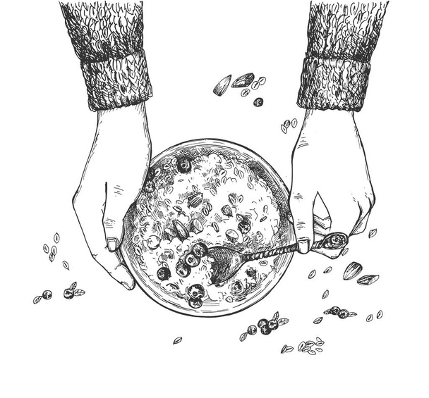 Human hands mix oat porridge bowl - Vector, Imagen