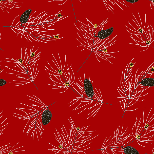 Seamless pattern of fir branches, conifer and cones. White, black and red colors. - Vector, Image