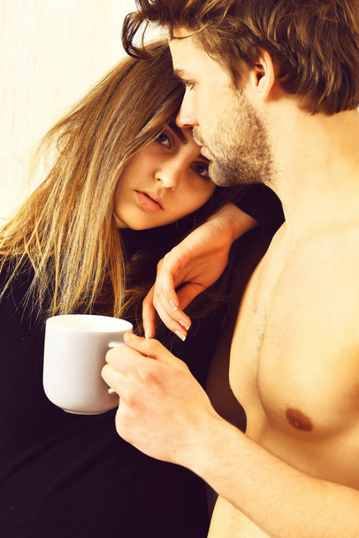 couple of bearded man with cute sexy girl holding cup - Foto, immagini