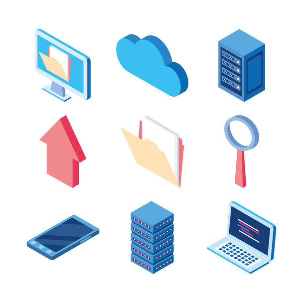 cloud computing data server smartphone folder analysis upload technology internet set icons. - Vector, imagen