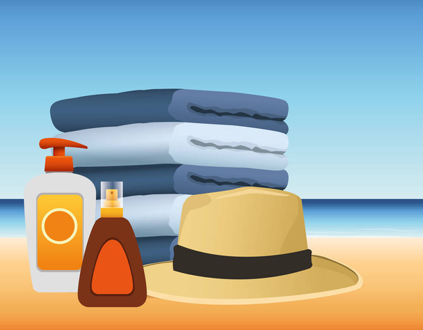 καλοκαίρι σε διακοπές στην παραλία πετσέτες καπέλο αντηλιακό και αντηλιακό σπρέι - Διάνυσμα, εικόνα