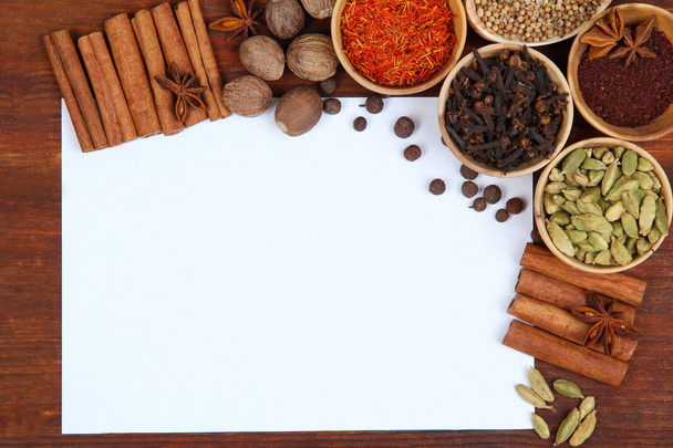 Various spices and herbs with empty white blank for recipe - Foto, imagen