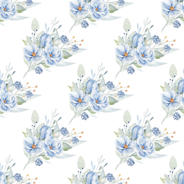 Mavi gül yaka çiçekleri elle çizilmiş suluboya desenli. - Fotoğraf, Görsel