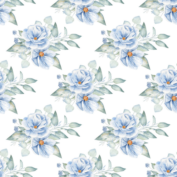 Rosas azules acuarela dibujado a mano patrón sin costura ilustración
 - Foto, imagen