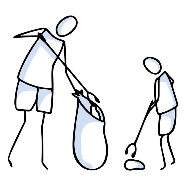 Hand drawn stick figures trash sweeping teamwork. Concept of clean up earth day. Simple icon motif for environmental earth day, volunteer clipart, parent and child recycling illustration. Vector. - Vector, Image