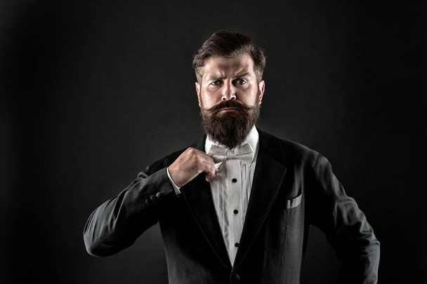 Focus on taking formal look at fashion tradition. Brutal fashion model. Bearded man with fashion look. Hipster in classy fashion style. Menswear store. Prom and wedding wardrobe - Fotoğraf, Görsel