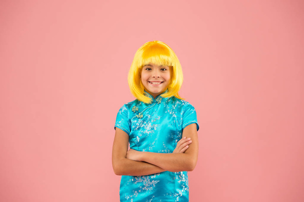 Cosplay outfit. Otaku girl yellow wig. Cosplay character concept. Japanese style. Eastern trends for teens. Hobby and entertainment. Pop culture. Anime fan. Cosplay kids party. Child cute cosplayer - Foto, immagini