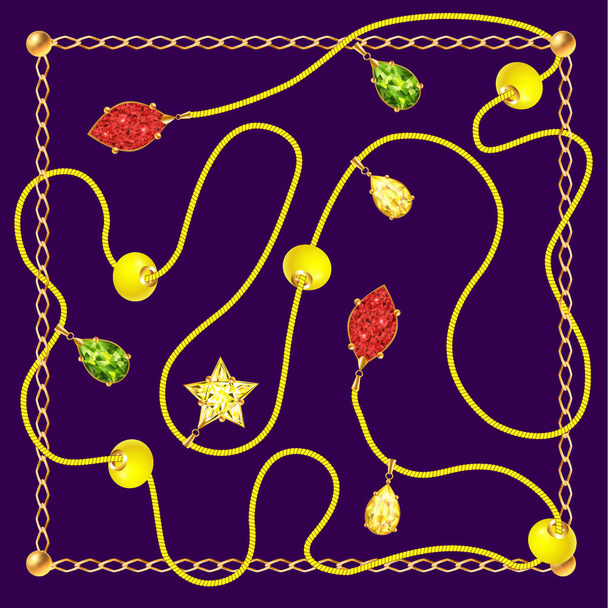 Écharpe design avec cordon jaune, bijoux, perles, cristaux, chaînes dorées, étoiles, émeraudes et rubis sur un fond violet. Motif textile, motif imprimé. Illustration vectorielle 3D Creative
.  - Vecteur, image