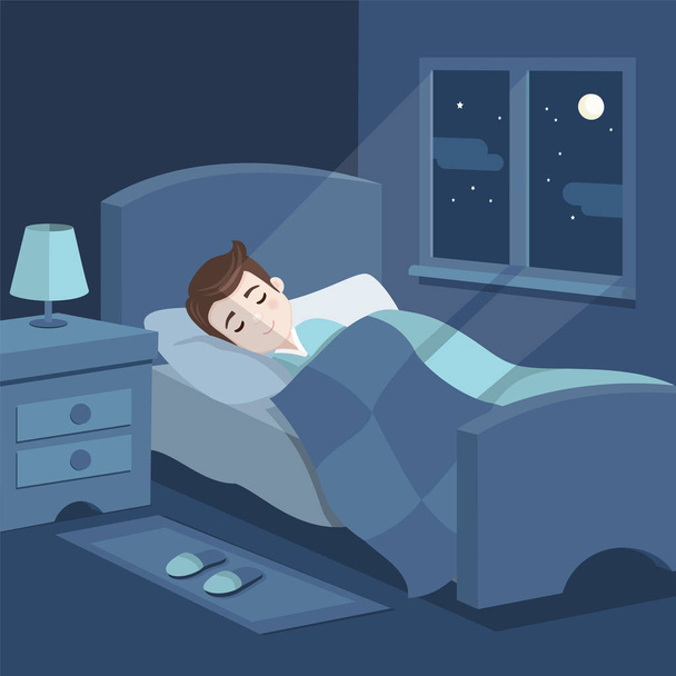 Симпатичный мальчик спит в постели. Спальня с окном ночью. Сладких снов Векторная иллюстрация
 - Вектор,изображение