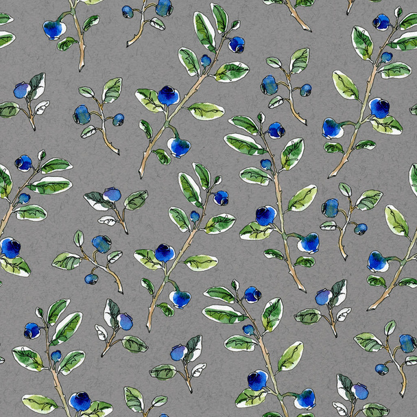 Seamless pattern hand-drawn graphic watercolor sketchy blueberry twigs with leaves and berries on a cream gray background. - Φωτογραφία, εικόνα