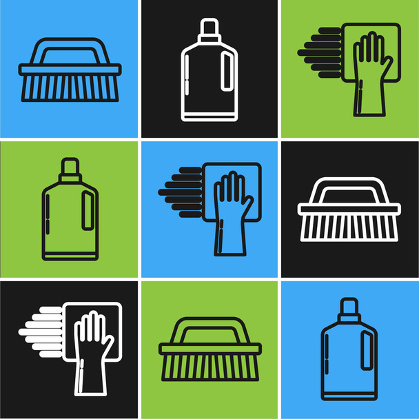 Állítsa be az ecset tisztítására, tisztítására szolgáltatás és műanyag palackok folyékony mosogatószer folyékony ikon. Vektor - Vektor, kép
