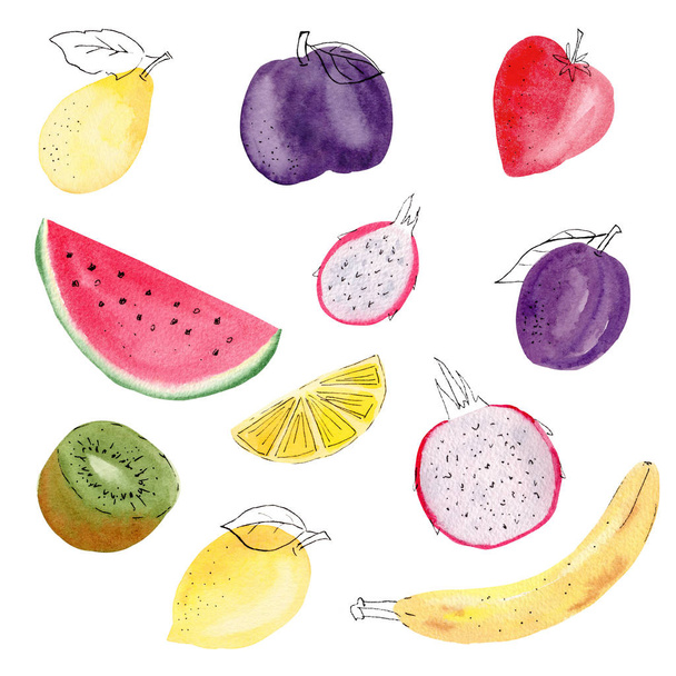 Hand drawn colorful fruits watercolor illustrations set - Photo, Image