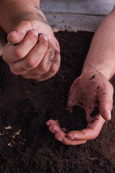 A szennyezett férfi kéz termékeny talajjal dolgozik.. - Fotó, kép