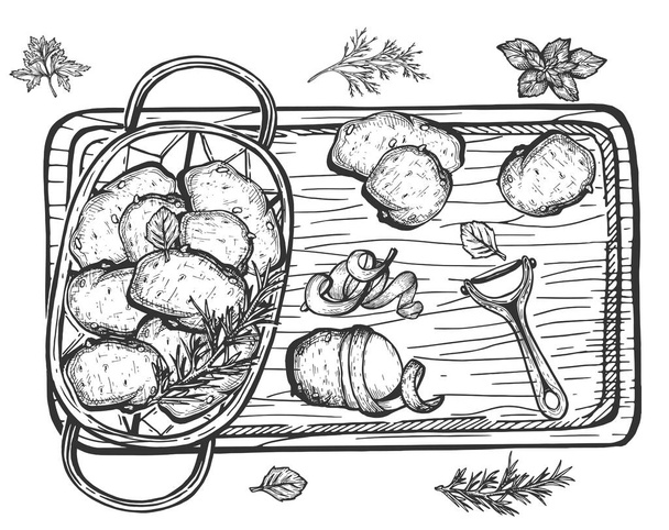 Aardappel kookproces stilleven - Vector, afbeelding